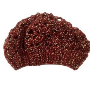 Handmade Red Gold Knit Beret Hat Slouchy Metallic Acrylic Winter New